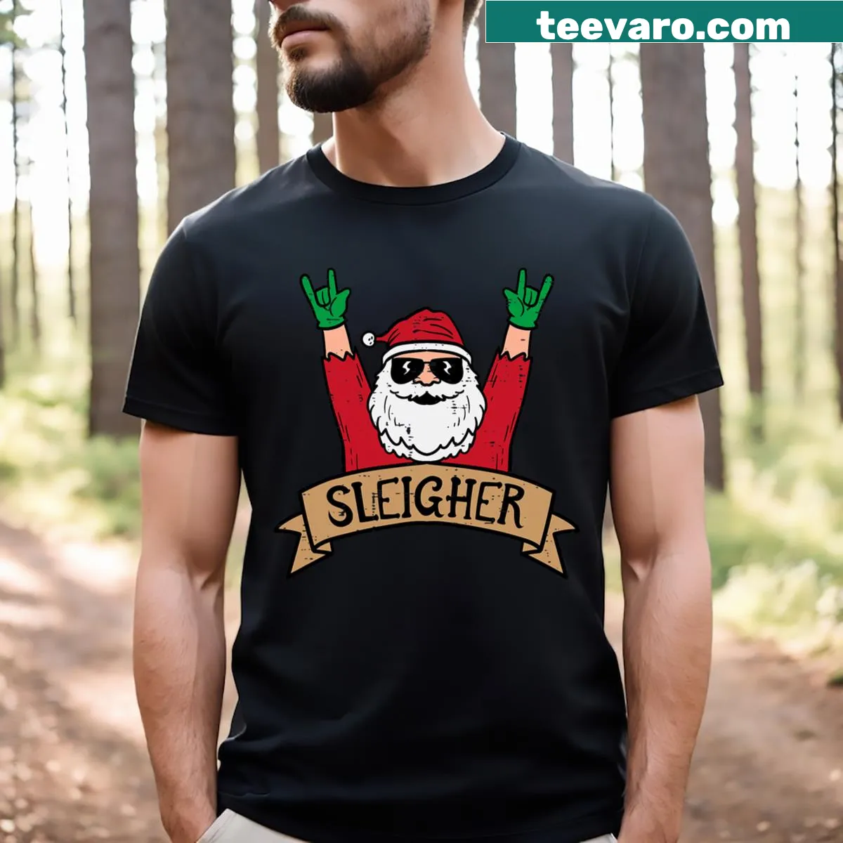 Rock-themed Christmas T-shirt with Sleigher Santa graphic — on a men's t-shirt