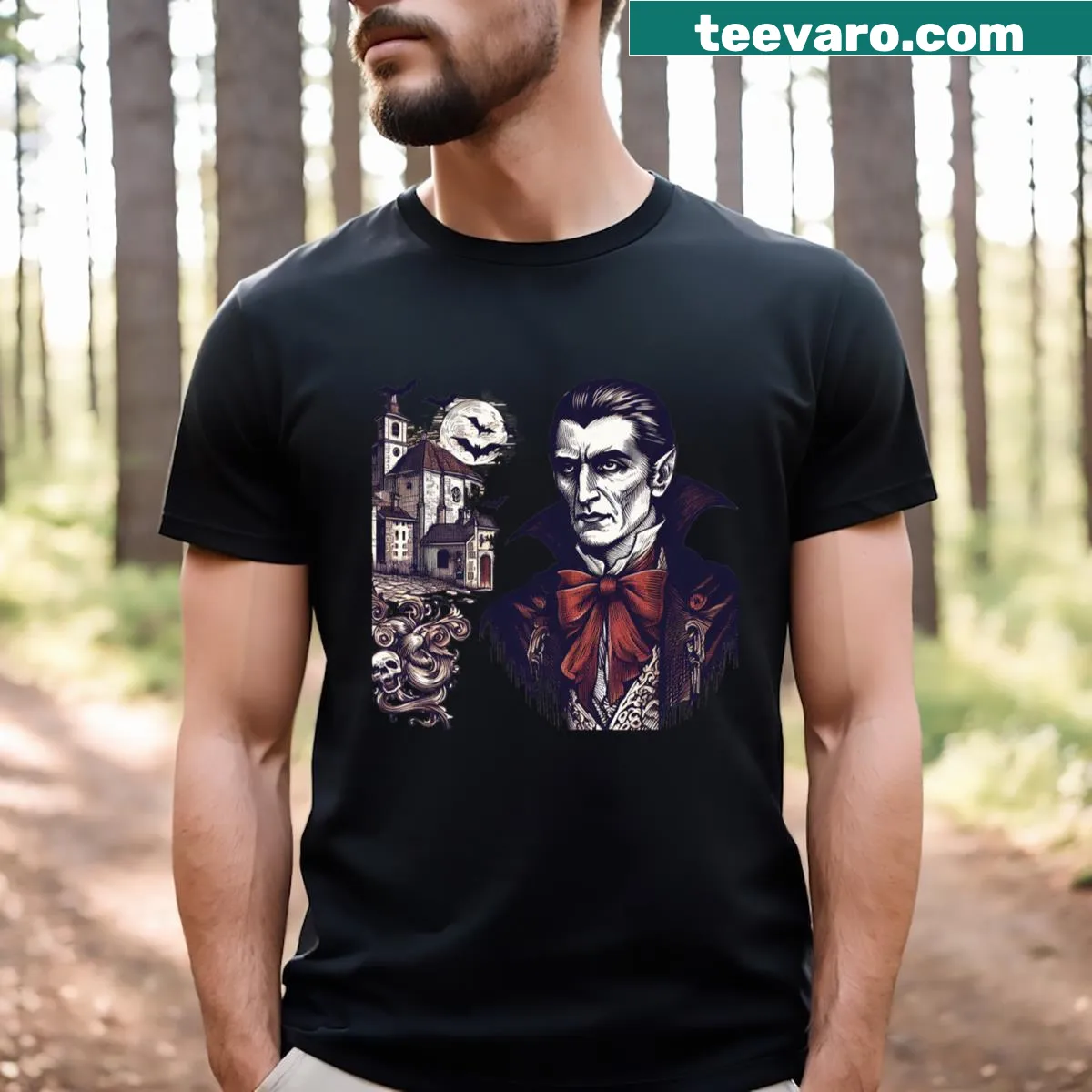 Dracula graphic with a Transylvania castle design — on a men's t-shirt