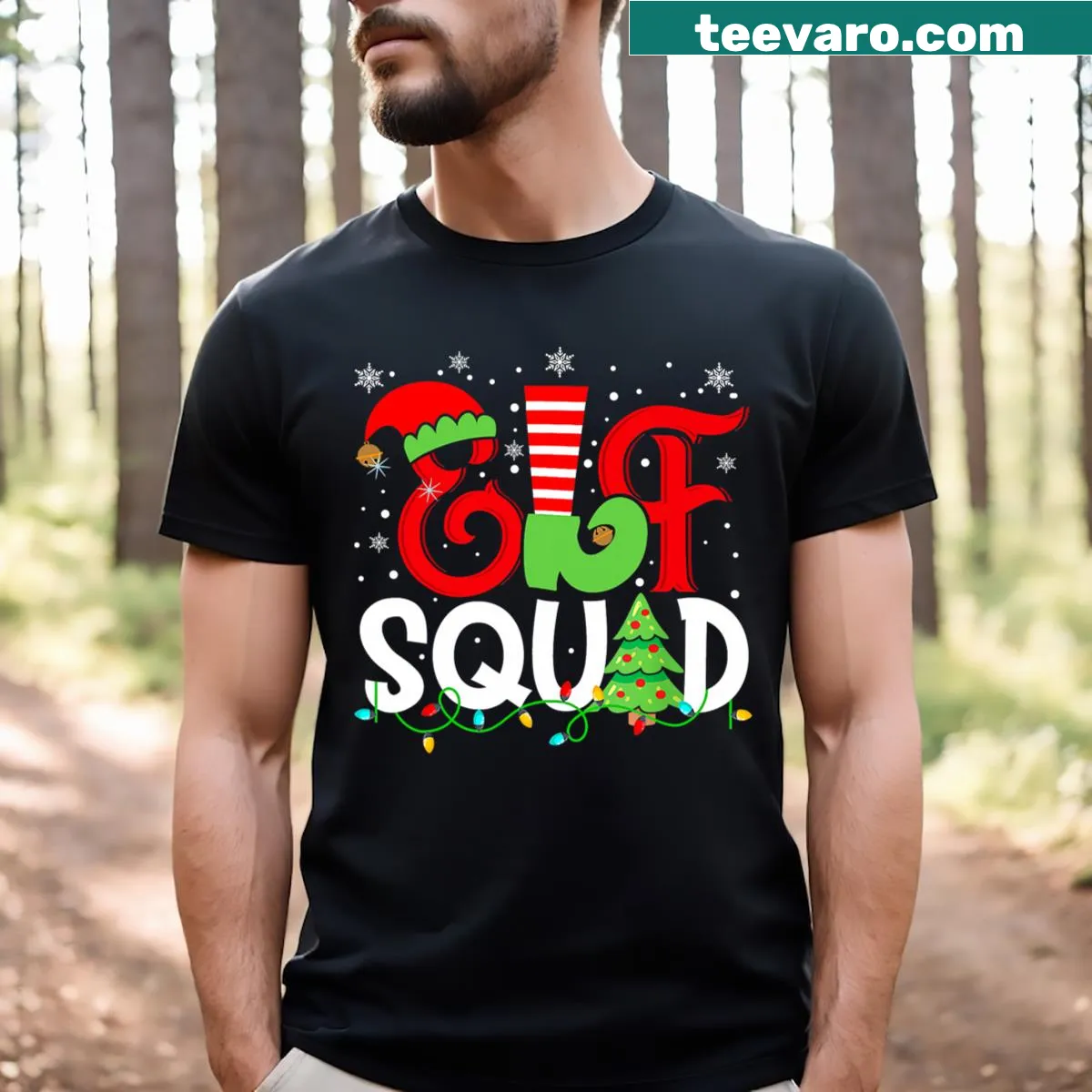 Family Christmas t-shirt with cheerful elf squad design — on a men's t-shirt