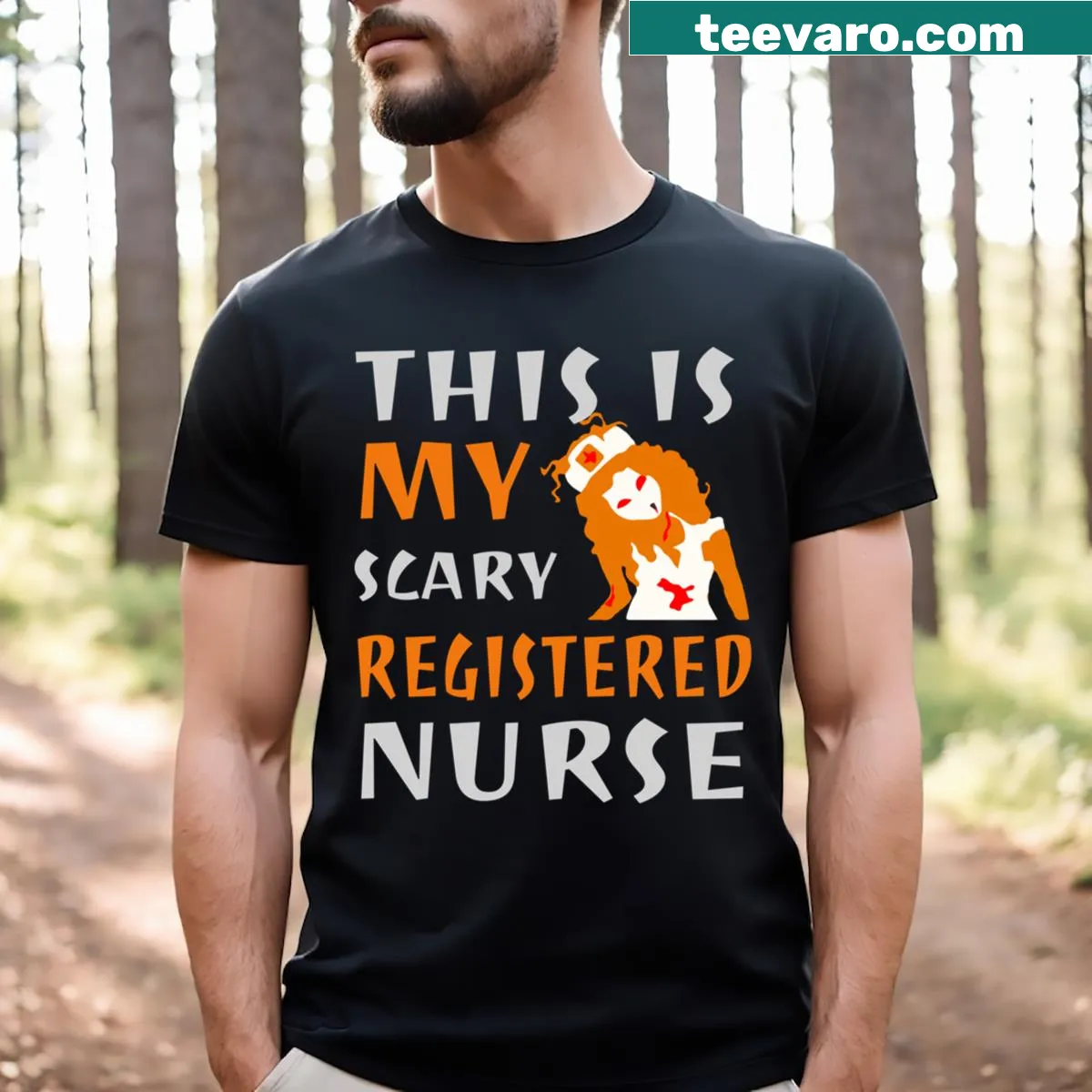 Halloween-themed T-shirt for nurses with 'Fearlessly Caring' text — on a men's t-shirt