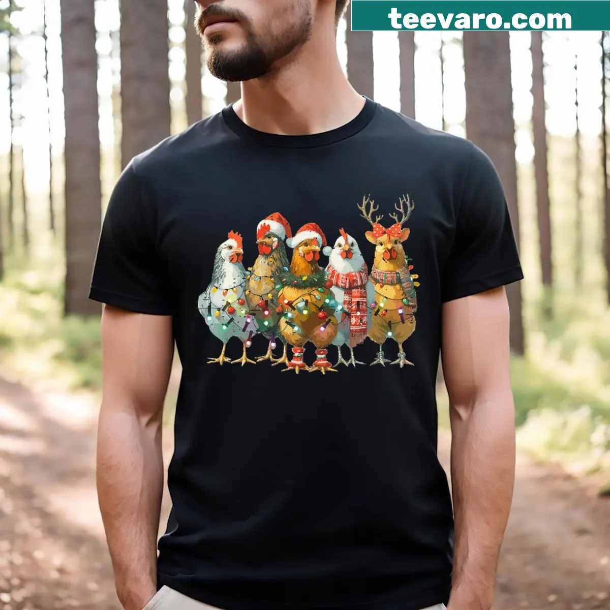 Cute Christmas chicken t-shirt with lights and farm graphic — on a men's t-shirt