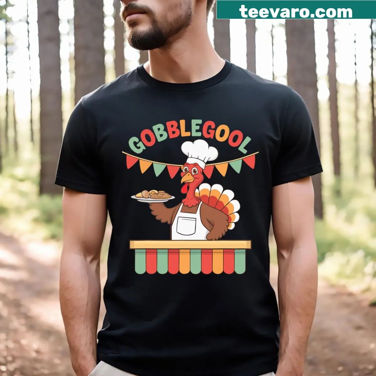Funny Turkey Thanksgiving t-shirt with the word Gobblegool in bold letters — on a men's t-shirt