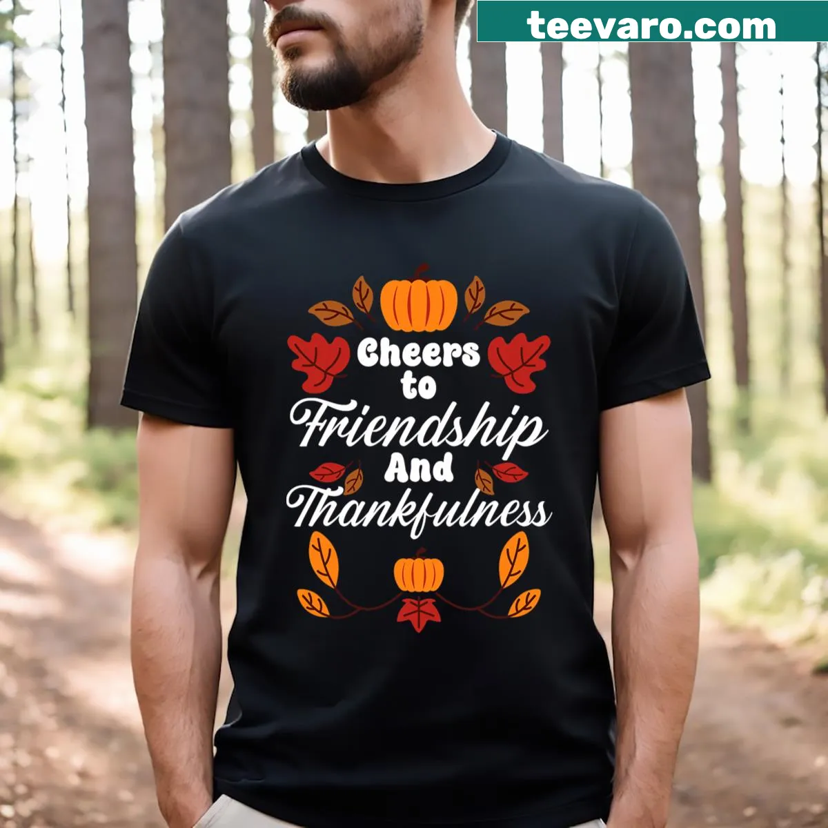 Illustrated T-shirt celebrating Friendsgiving and friendship — on a men's t-shirt
