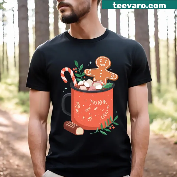 Christmas T-shirt featuring hot cocoa mug and gingerbread cookie