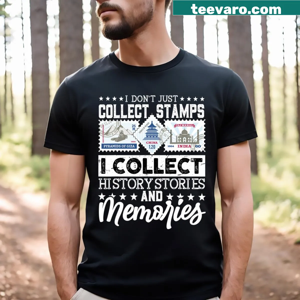 Philately postage stamp collector t-shirt — on a men's t-shirt