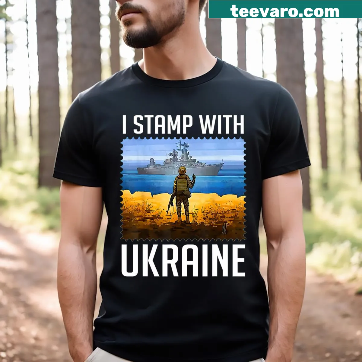 Patriotic T-shirt featuring a Ukraine postage stamp flag design — on a men's t-shirt