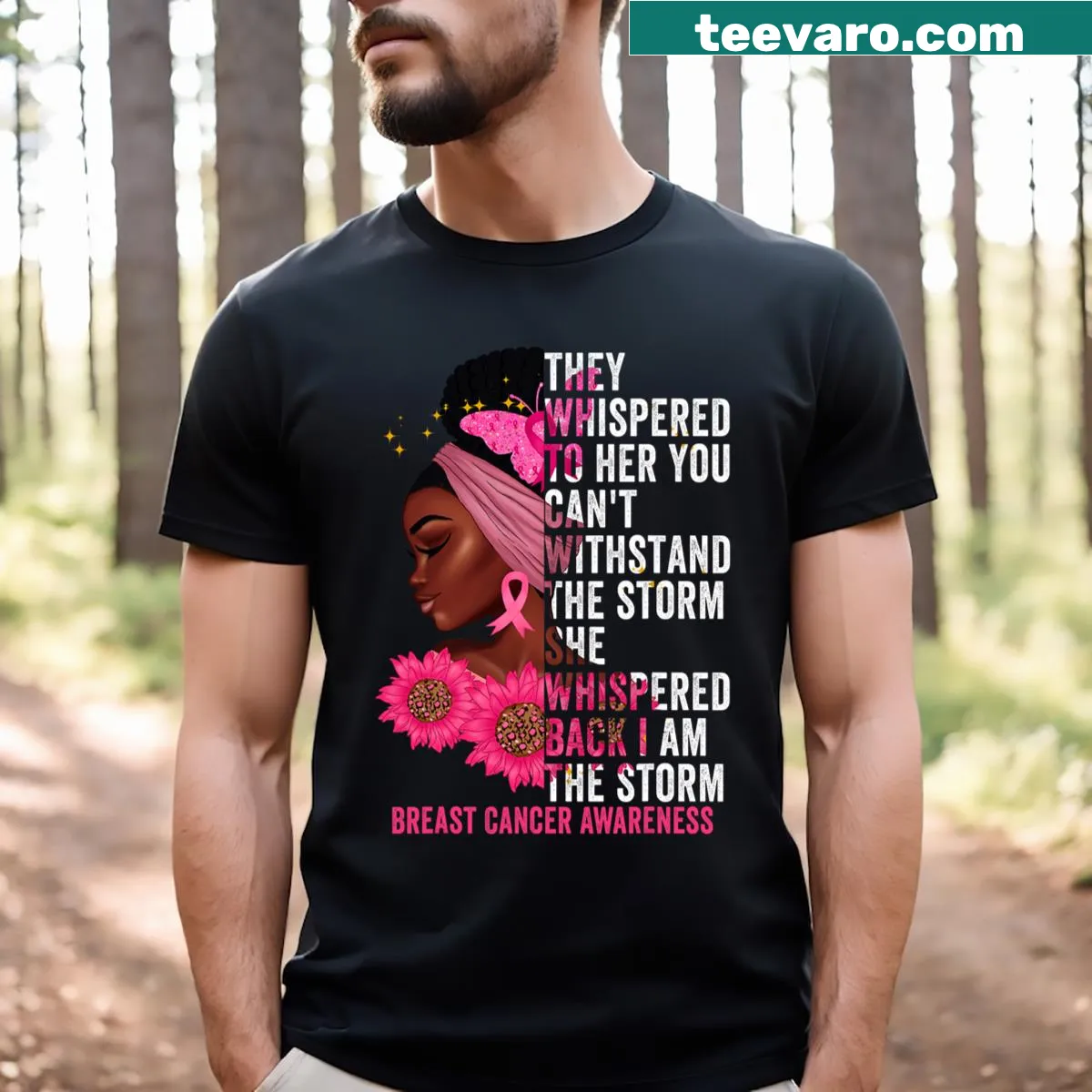 Empowering breast cancer survivor shirt with pink ribbon design. — on a men's t-shirt