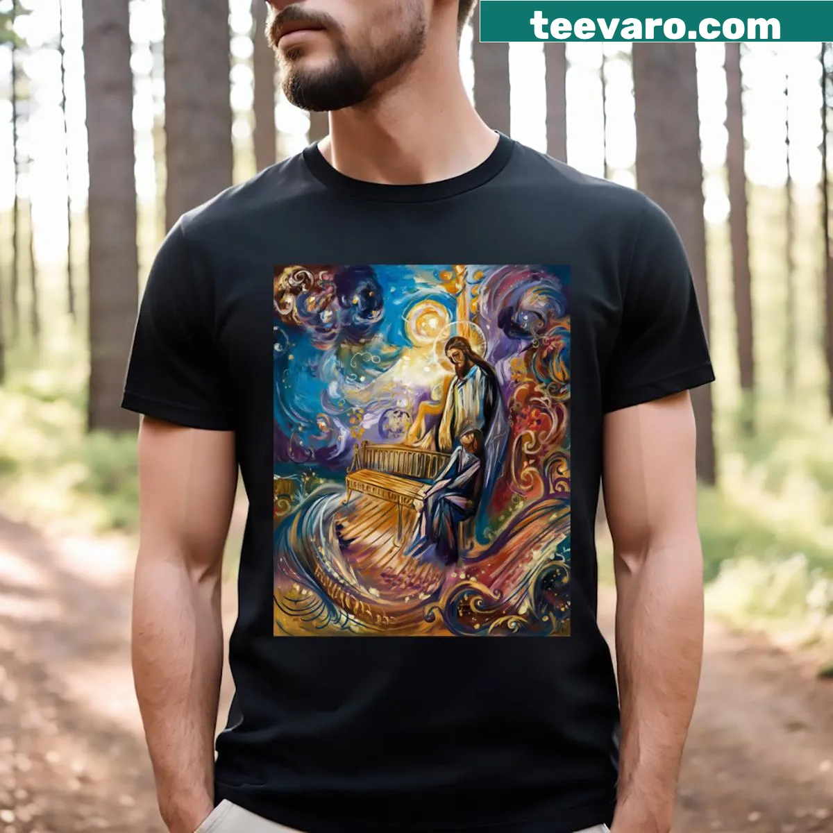 Typography t-shirt with the phrase In Heavenly Places — on a men's t-shirt