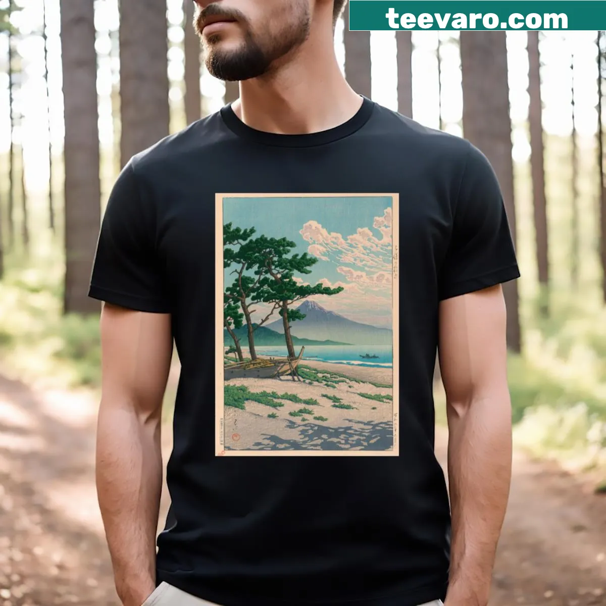 T-shirt featuring Hokusai's pine trees by the seashore — on a men's t-shirt