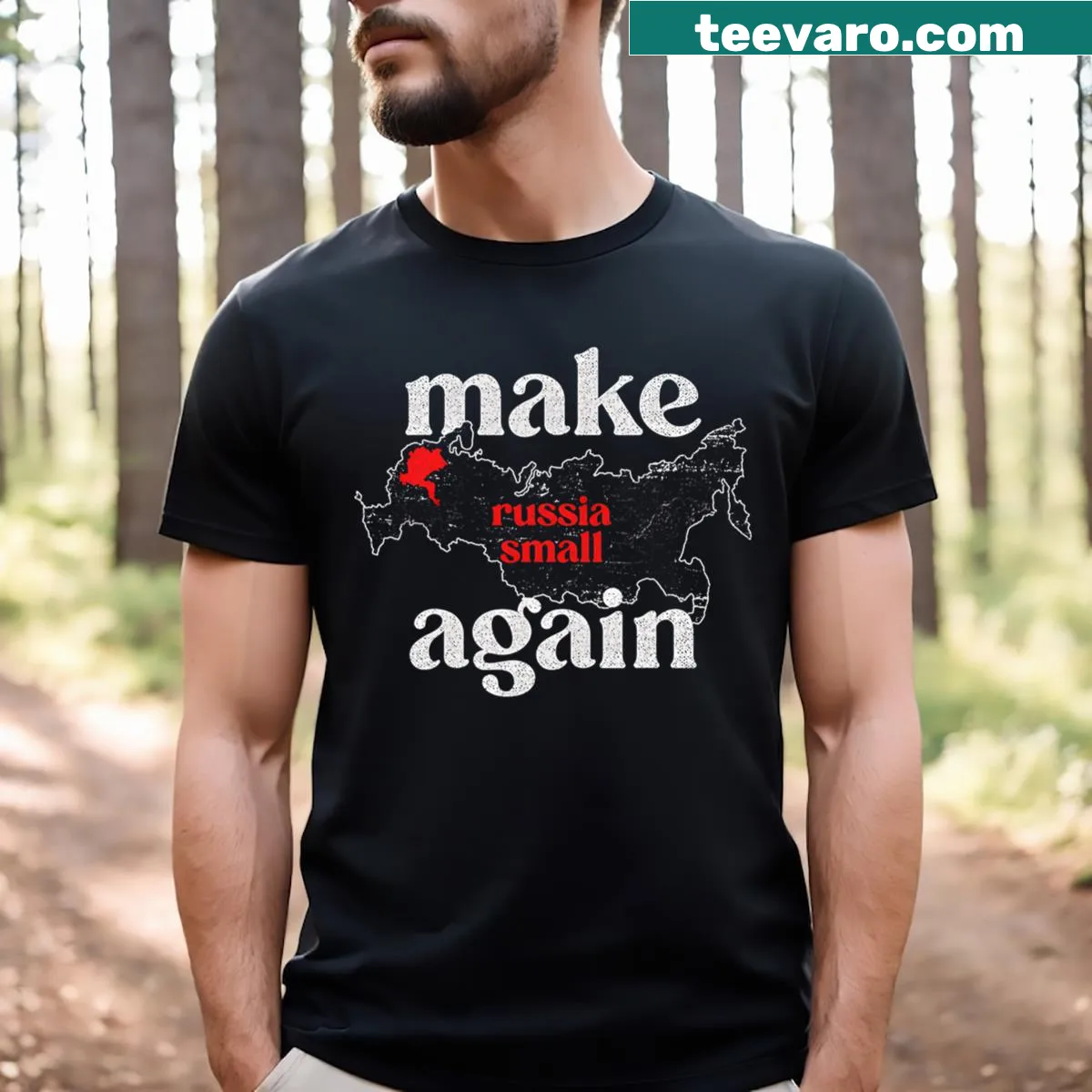 Humorous T-shirt with playful saying Make Russia Small Again — on a men's t-shirt