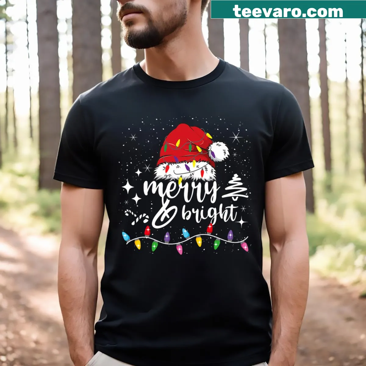 Men's T-shirt with festive Merry and Bright lettering and lights design — on a men's t-shirt
