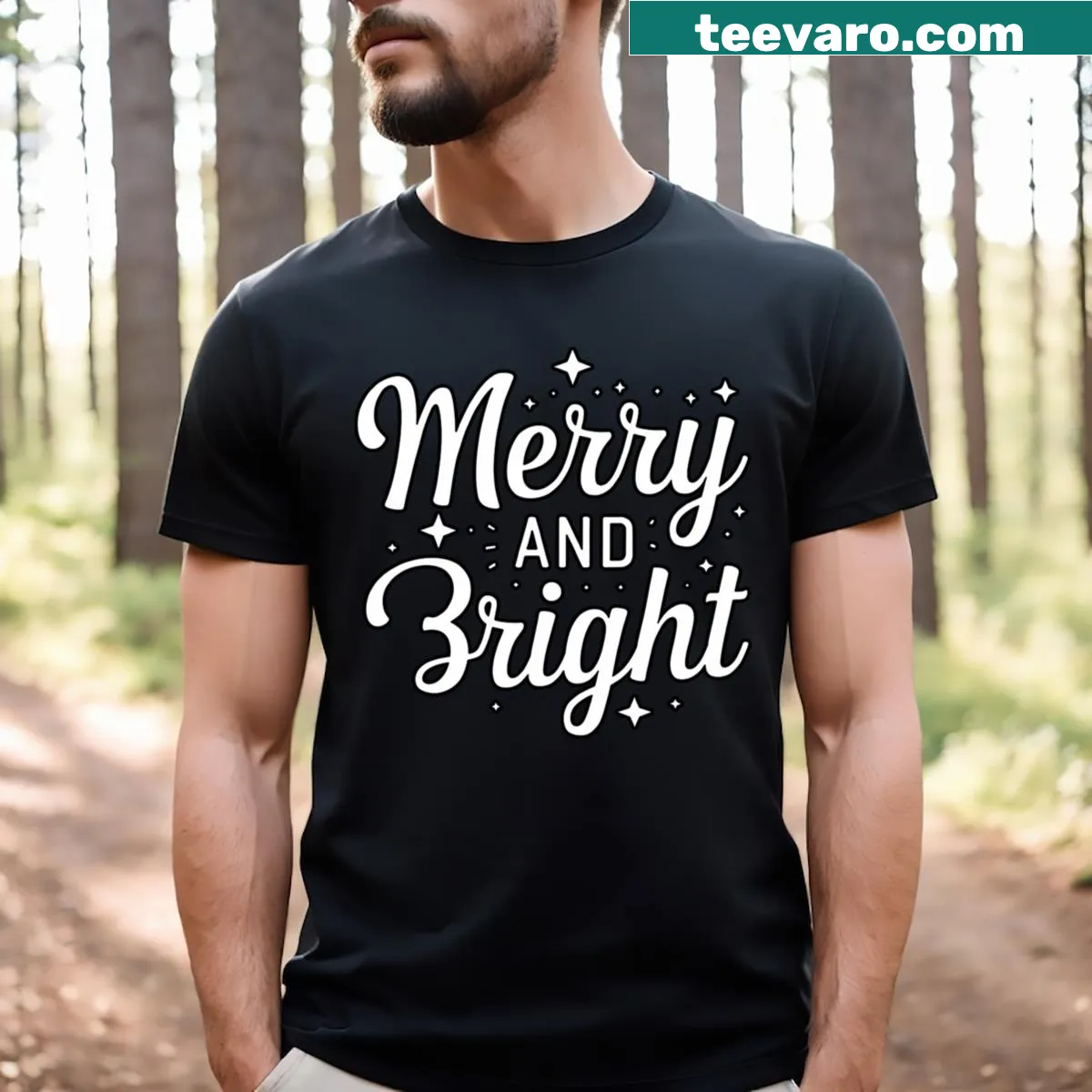 Merry and Bright holiday T-shirt with festive design — on a men's t-shirt