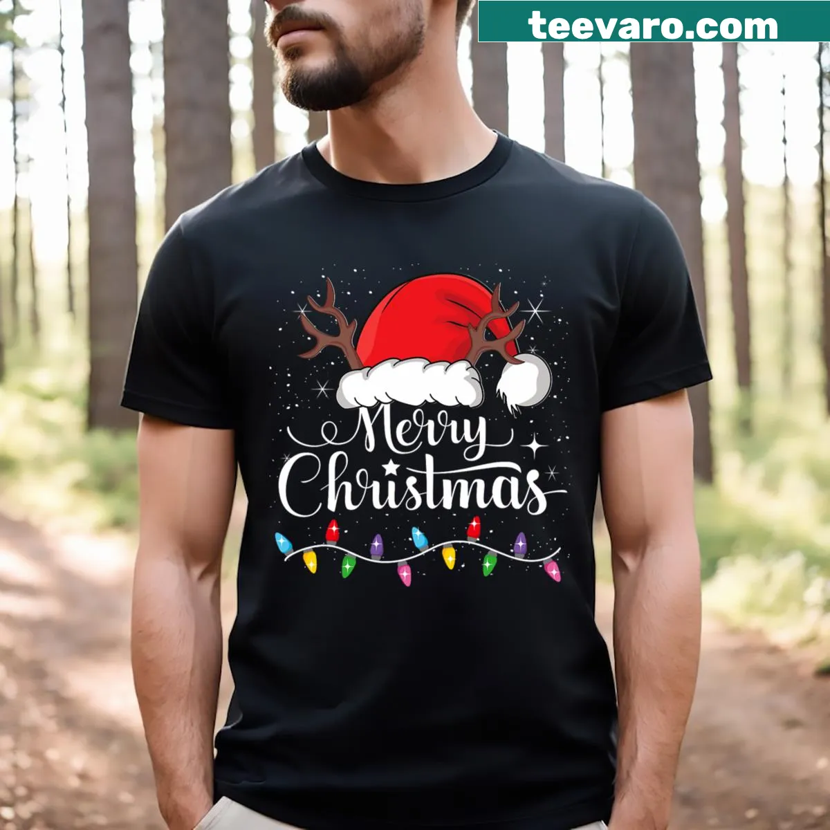 Men's T-shirt with reindeer in red Santa hat design — on a men's t-shirt