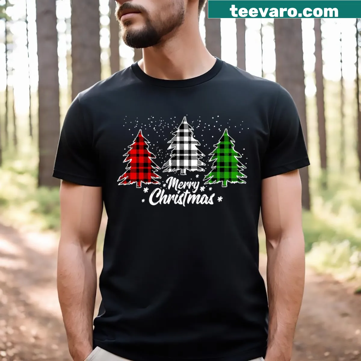Christmas tree design with buffalo plaid pattern — on a men's t-shirt