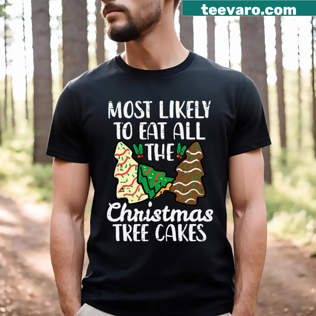 Playful design about eating Christmas tree cakes for kids — on a men's t-shirt