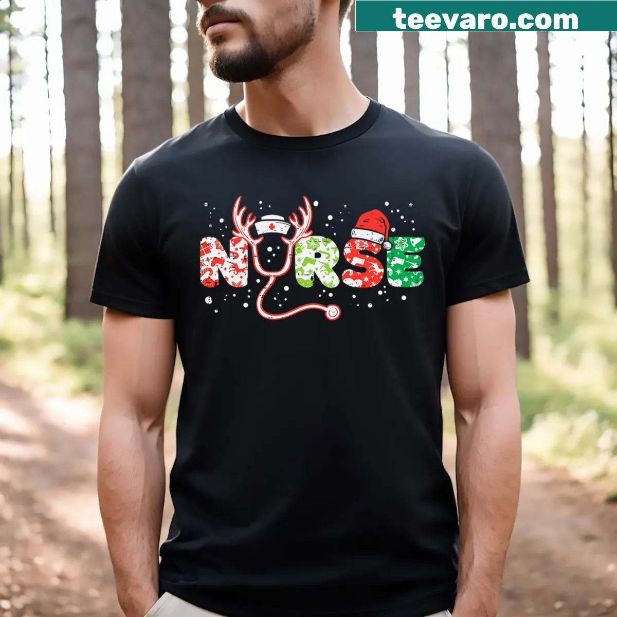 Christmas-themed nurse t-shirt with stethoscope graphic — on a men's t-shirt