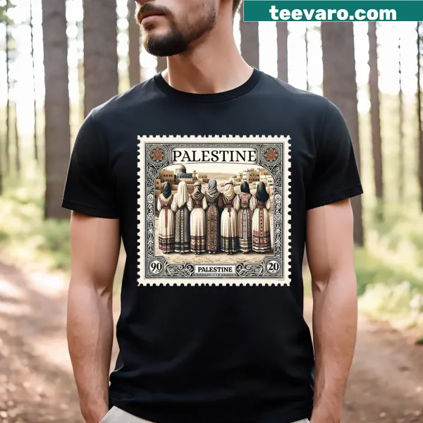 T-shirt with Palestine postage stamp design featuring traditional thobes