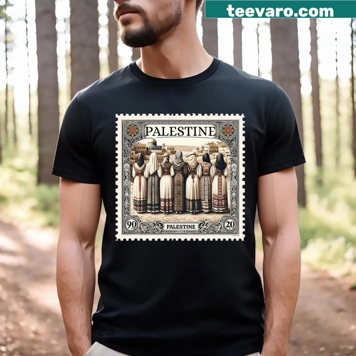 T-shirt with Palestine postage stamp design featuring traditional thobes — on a men's t-shirt