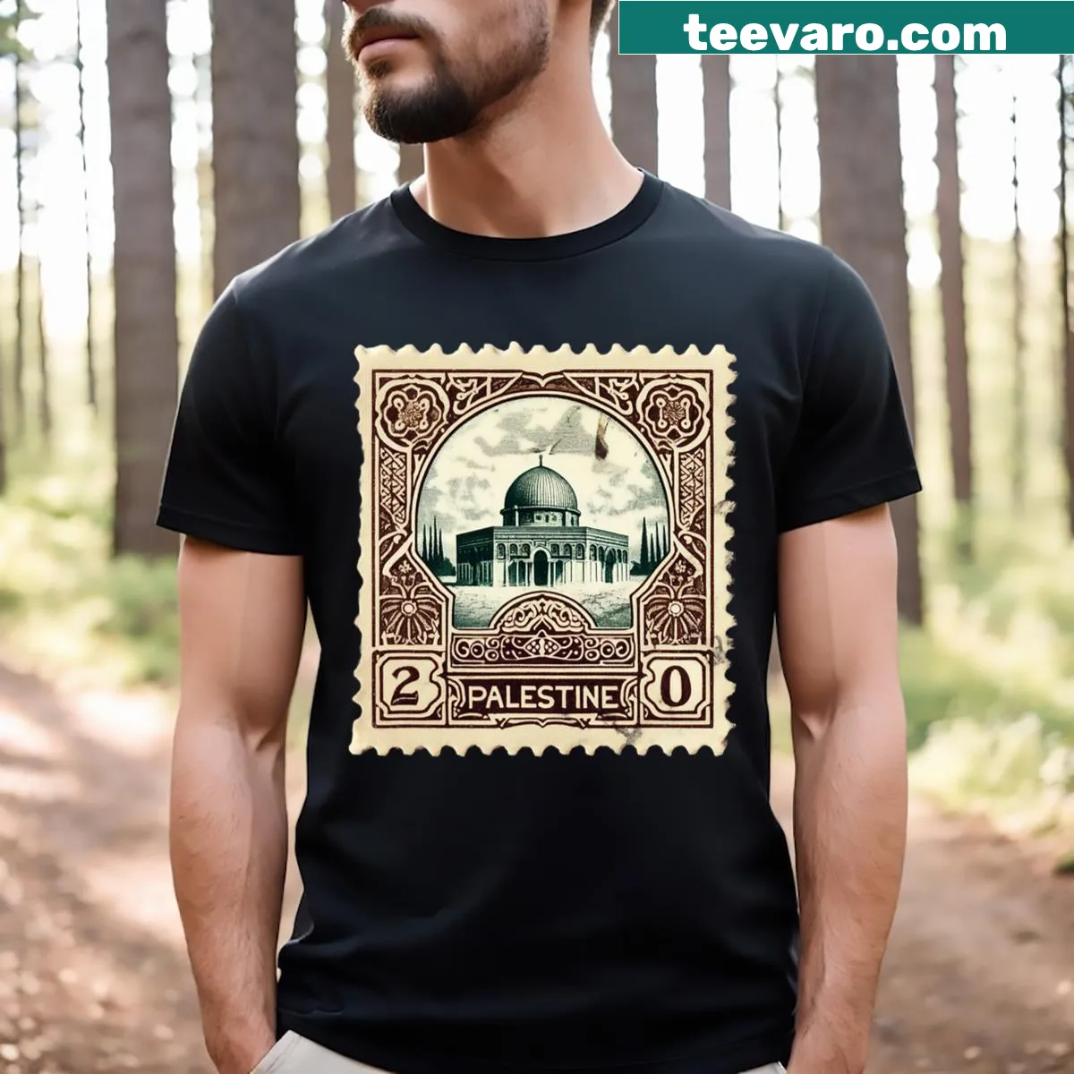 Palestine Postage Stamp T-shirt featuring the Dome of the Rock — on a men's t-shirt