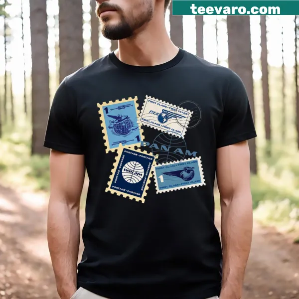 T-shirt featuring a montage of Pan Am postage stamps