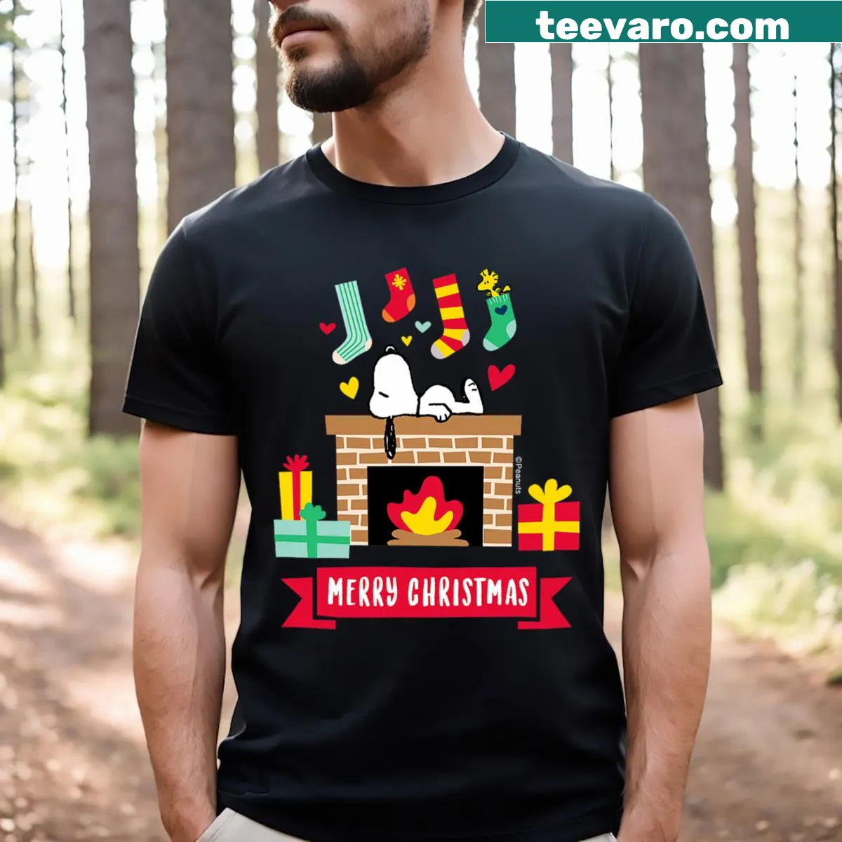Snoopy and Christmas stockings graphic design T-shirt — on a men's t-shirt