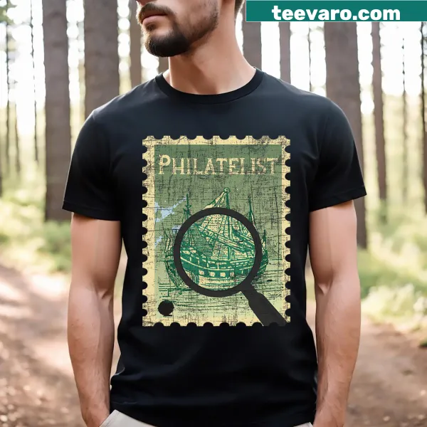 Philatelist T-shirt with various postage stamp graphics
