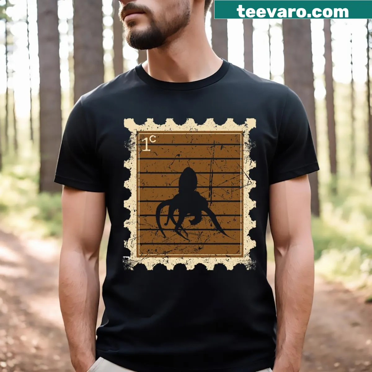 T-shirt featuring an octopus design as a postage stamp — on a men's t-shirt