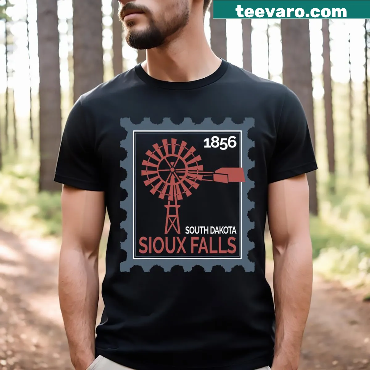 Illustrated wind turbine design resembling a postage stamp on T-shirt — on a men's t-shirt