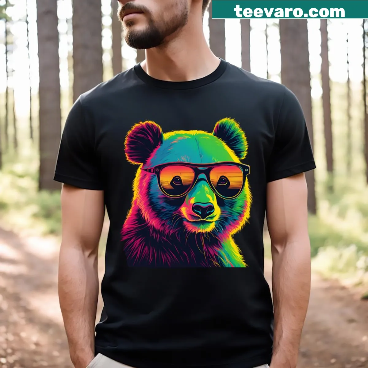Retro neon T-shirt featuring a stylized grizzly bear design — on a men's t-shirt