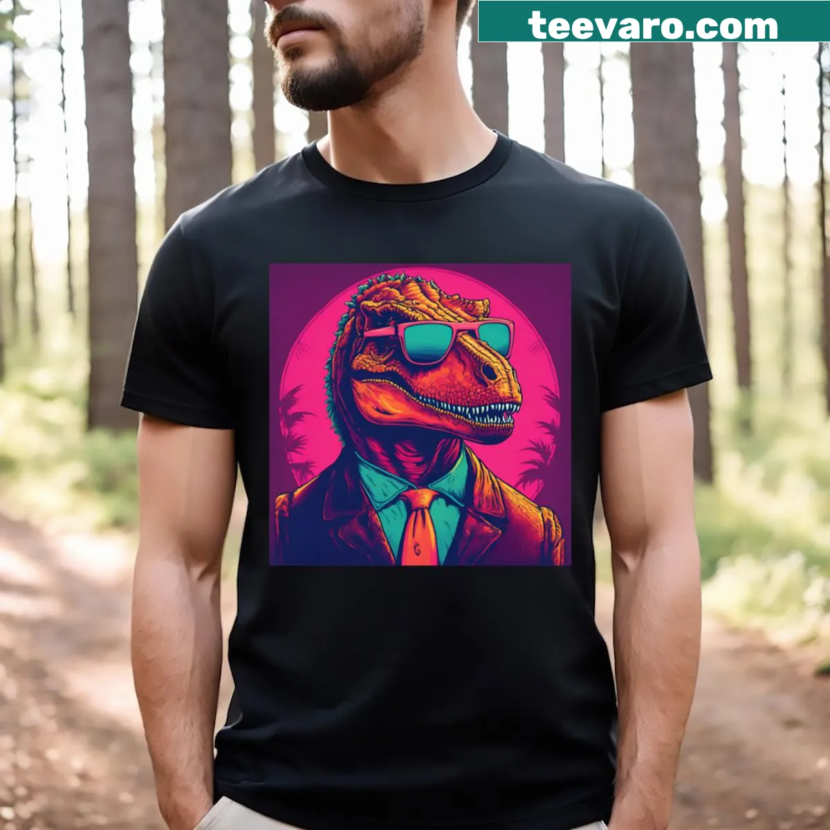 Retro T-Rex dinosaur t-shirt in vintage neon style — on a men's t-shirt