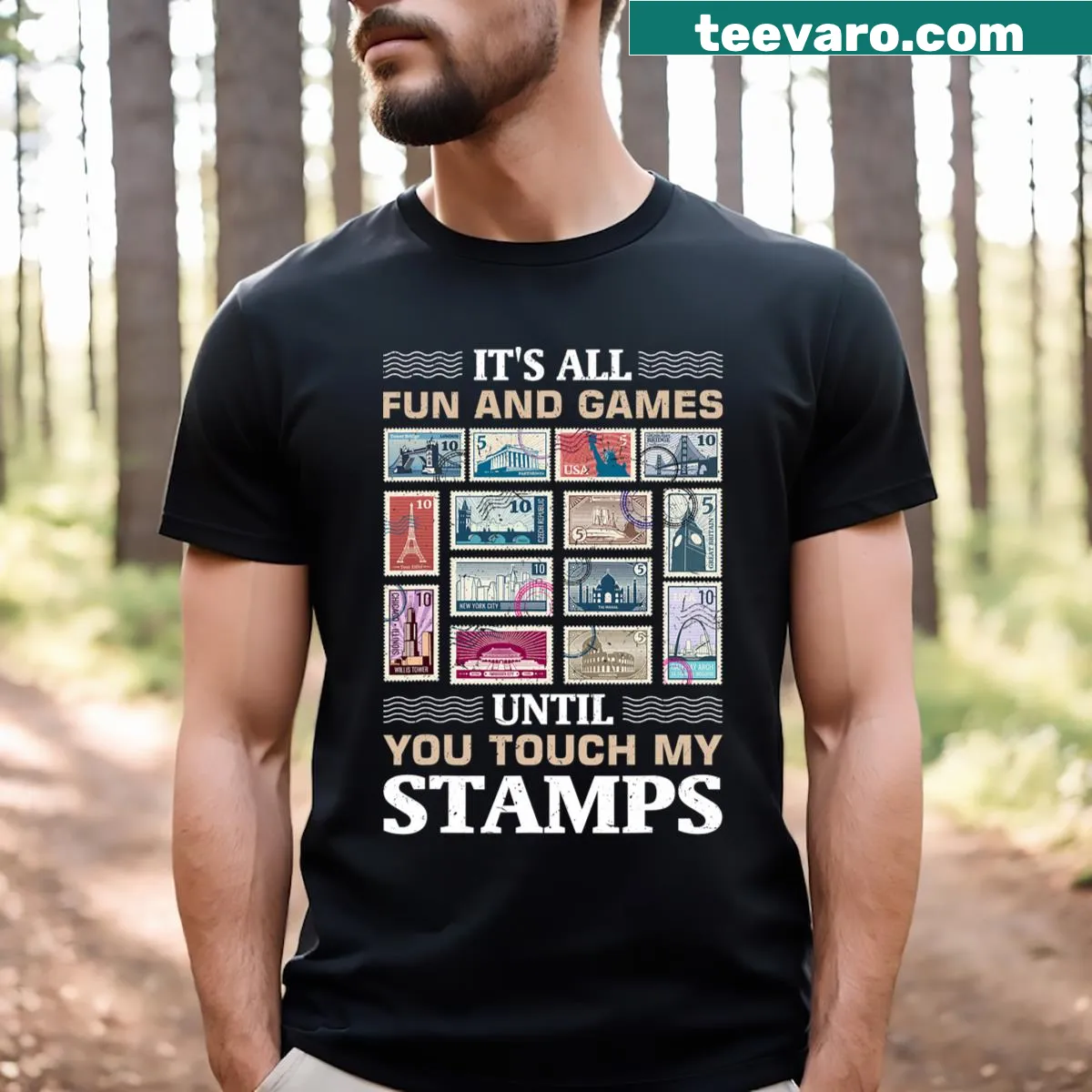 Illustrated t-shirt featuring designs related to stamp collecting — on a men's t-shirt