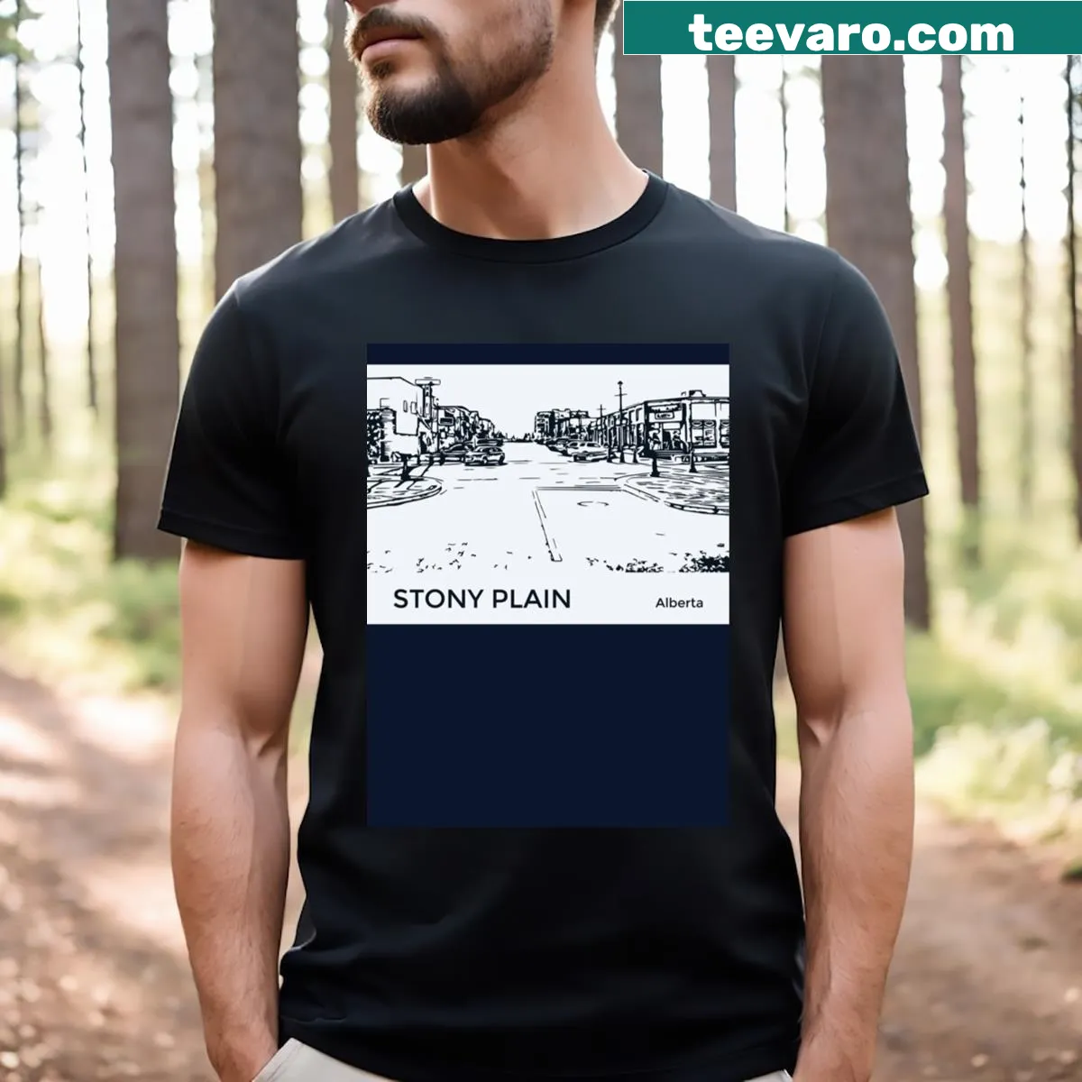 Minimalist T-shirt celebrating Stony Plain, Alberta. — on a men's t-shirt
