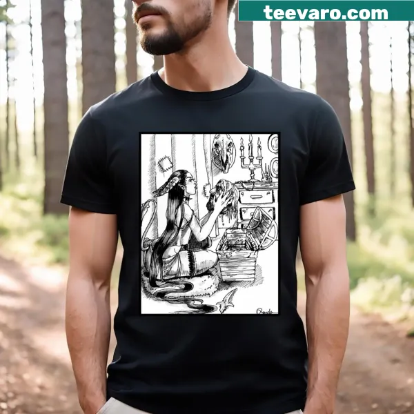 Intricate graphic of a succubus and treasure on a t-shirt