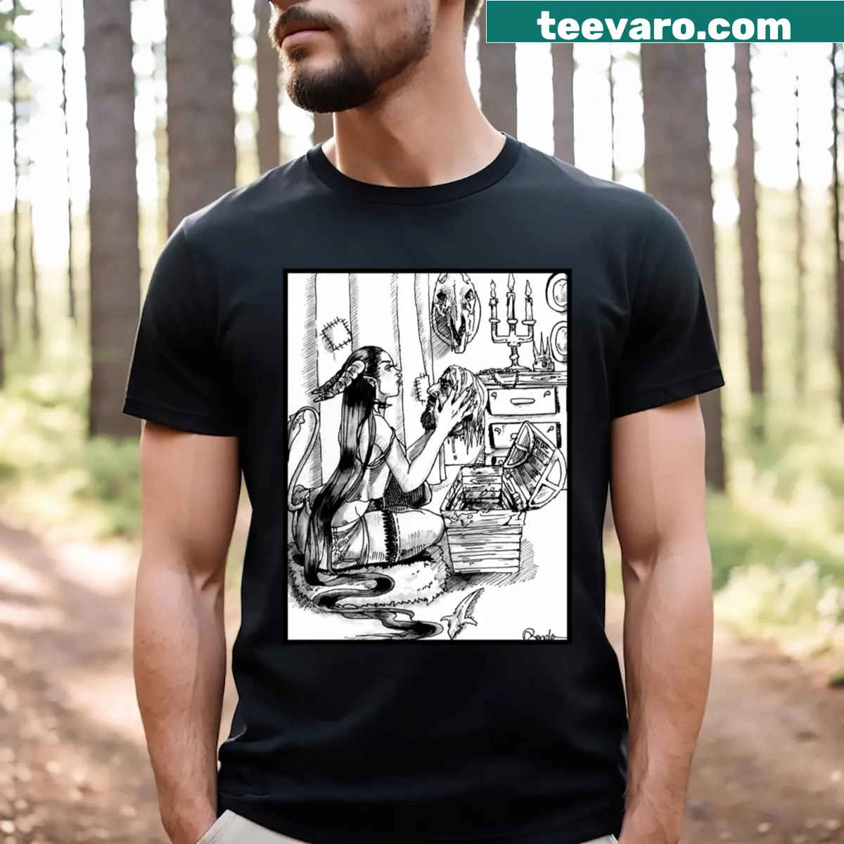 Intricate graphic of a succubus and treasure on a t-shirt — on a men's t-shirt