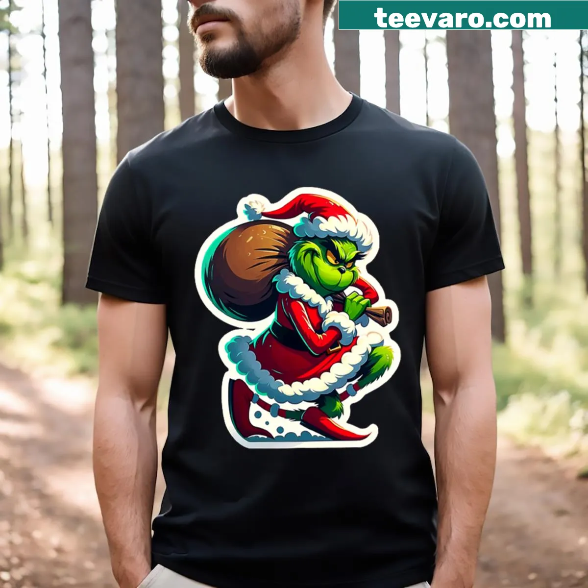 Humorous Grinch graphic T-shirt for Christmas movie lovers — on a men's t-shirt