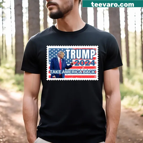 Postage stamp style t-shirt featuring Trump 2024 and USA flag design.