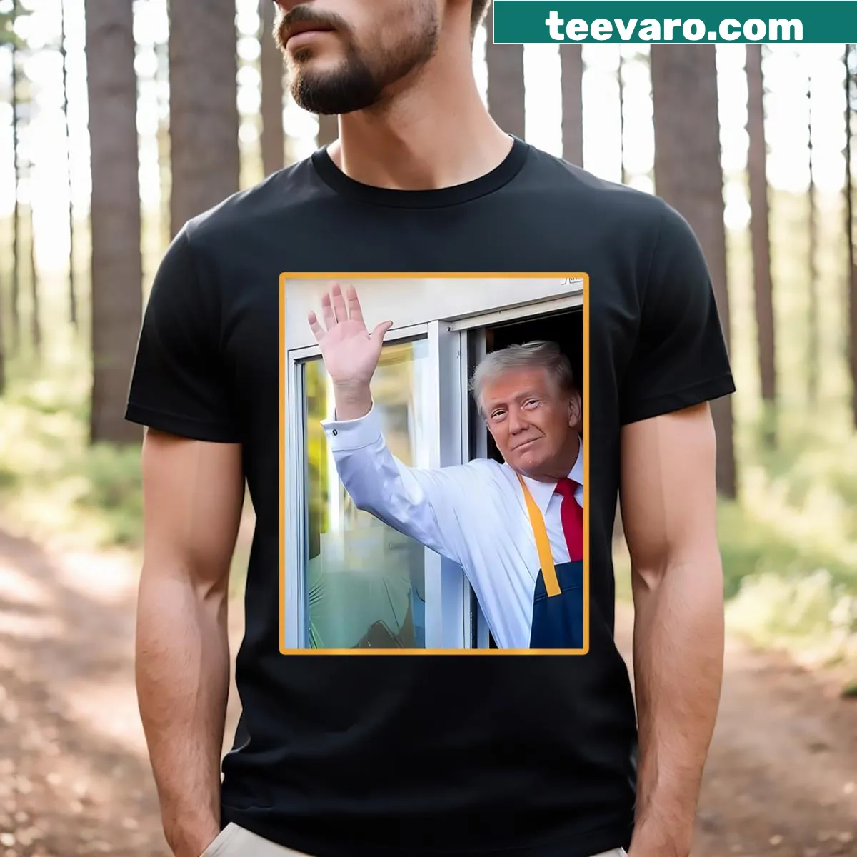 Cartoon fast food drive-thru graphic T-shirt — on a men's t-shirt