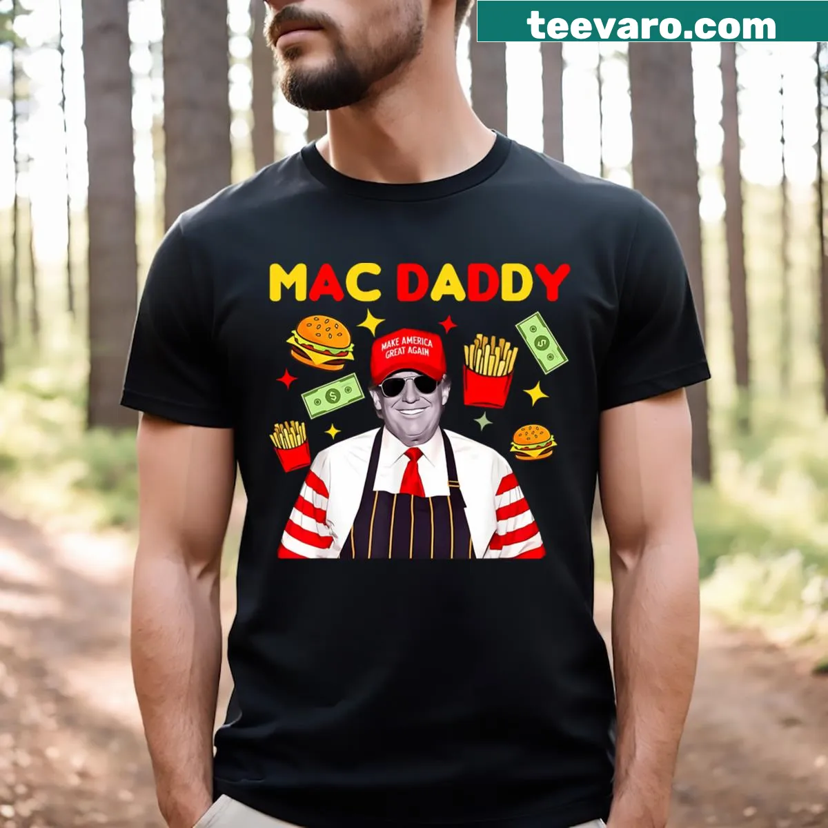T-shirt featuring humorous 'Mac Daddy' text with political graphics. — on a men's t-shirt