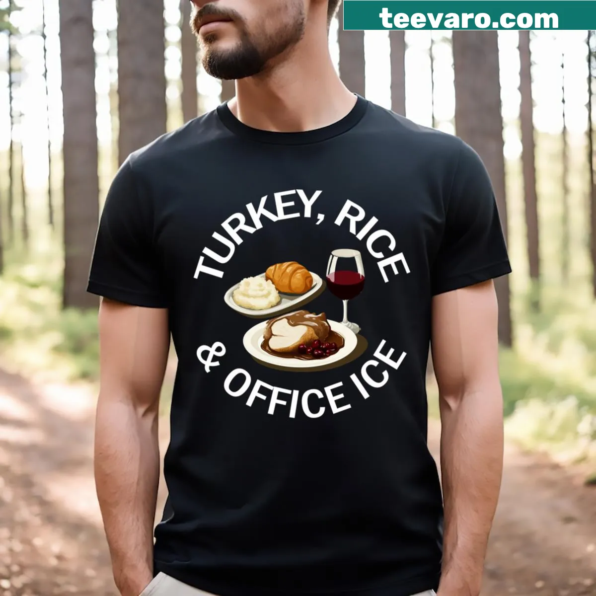 T-shirt featuring a graphic of turkey and rice with office humor — on a men's t-shirt