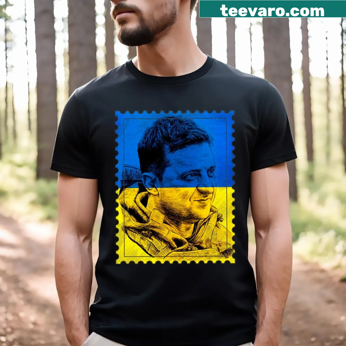 Support Ukraine T-shirt with Ukrainian postage stamp design — on a men's t-shirt
