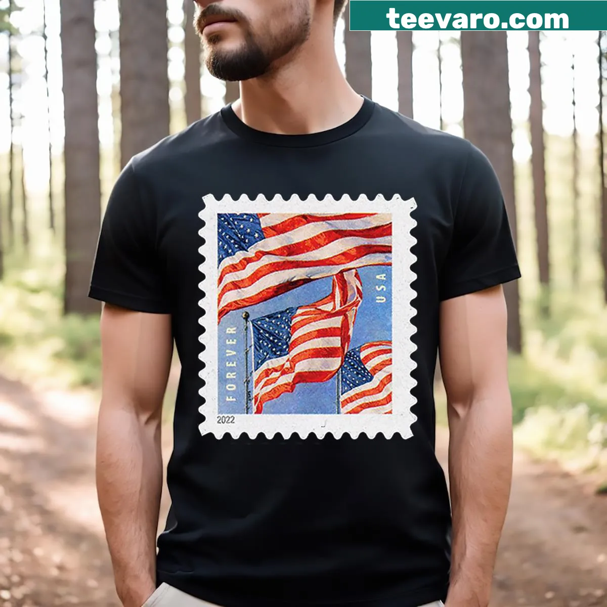 T-shirt featuring American flags inspired by 2022 postage stamps — on a men's t-shirt