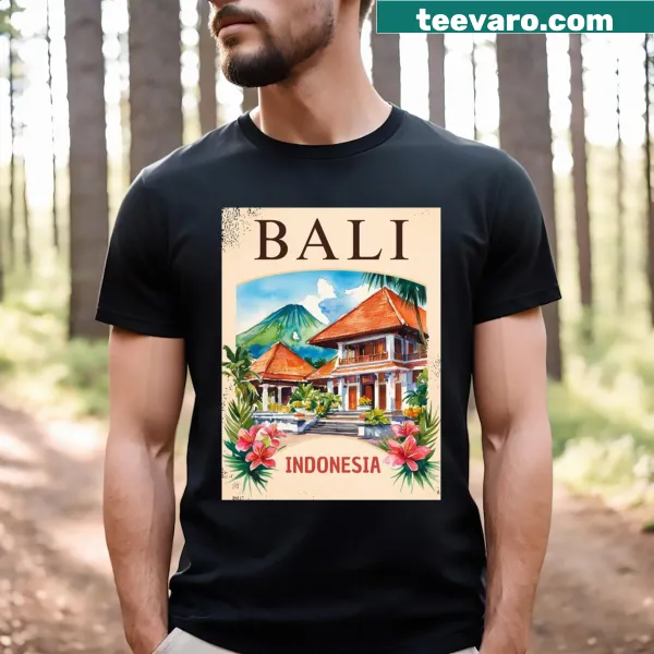 Vintage travel art t-shirt featuring a traditional Indonesian villa in Bali