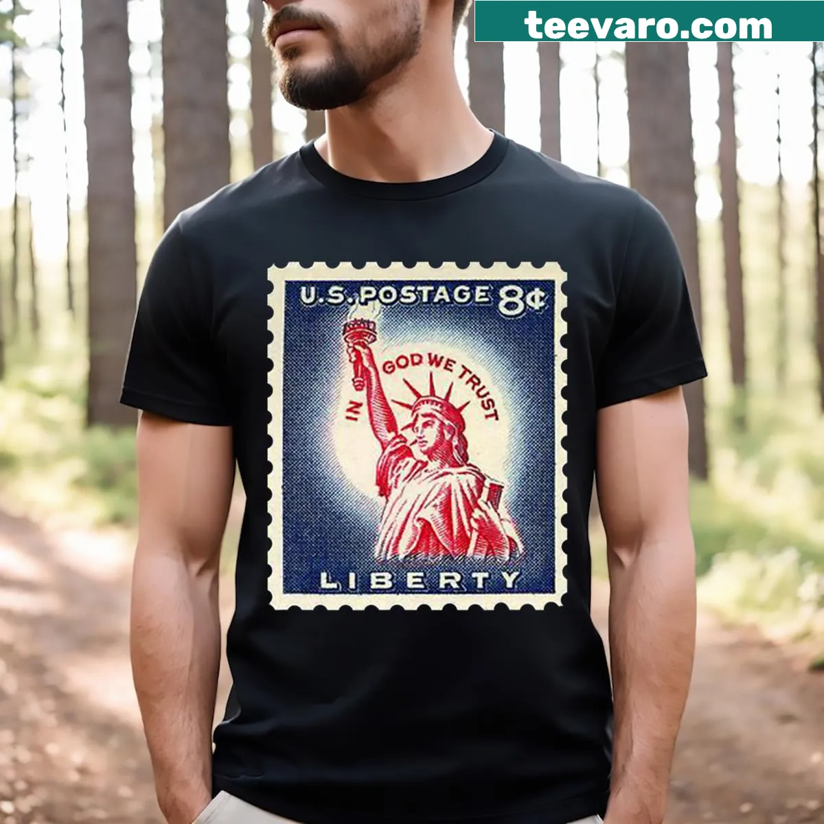Vintage-style T-shirt with a design resembling a postage stamp — on a men's t-shirt