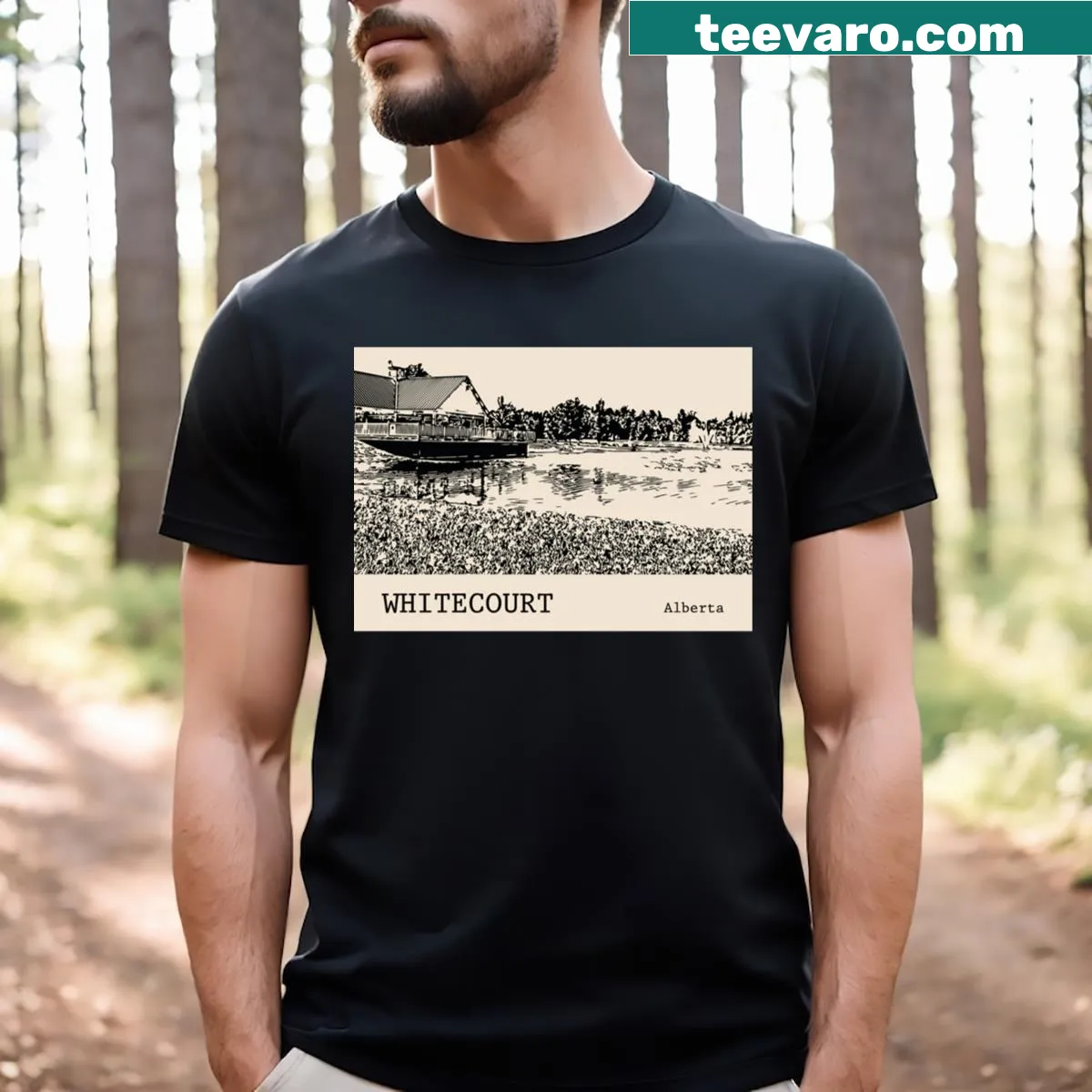 T-shirt featuring the name Whitecourt Alberta for local pride. — on a men's t-shirt