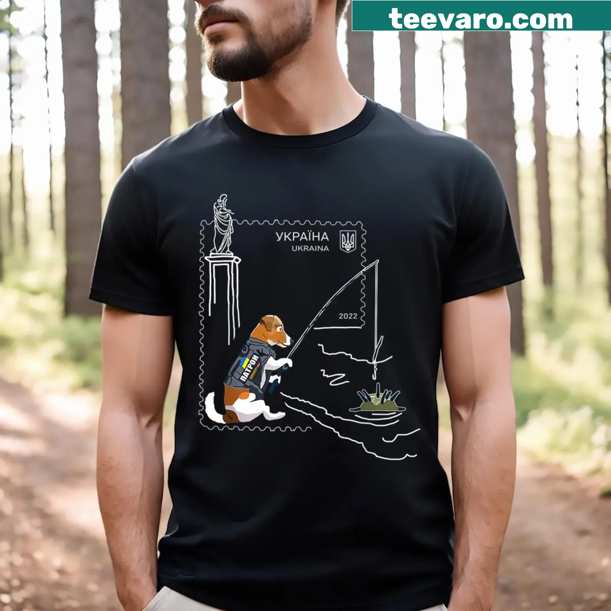 Fun T-shirt featuring Patron the dog with a fishing rod design — on a men's t-shirt