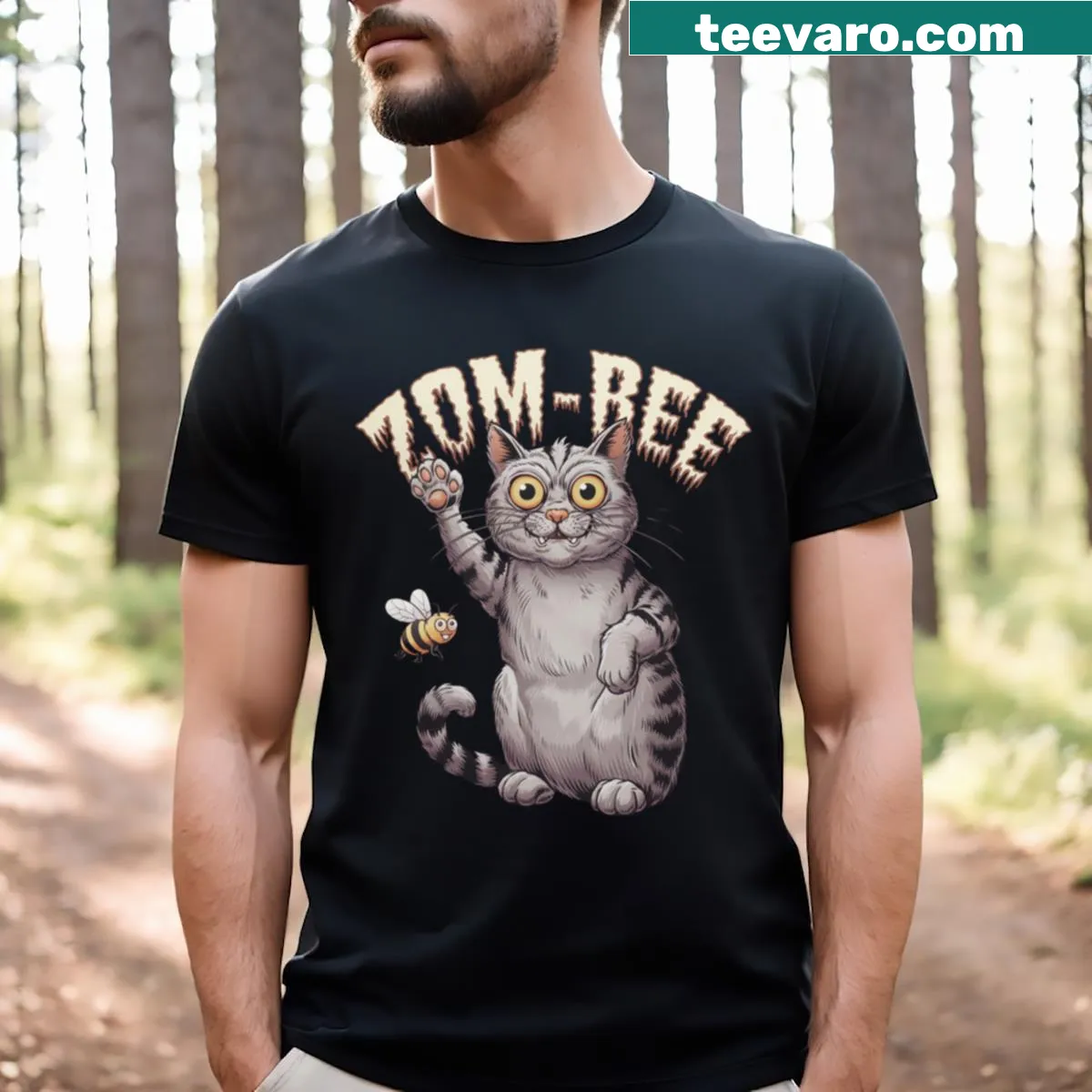 Funny Halloween T-shirt with a cartoon zombie cat and bee design — on a men's t-shirt