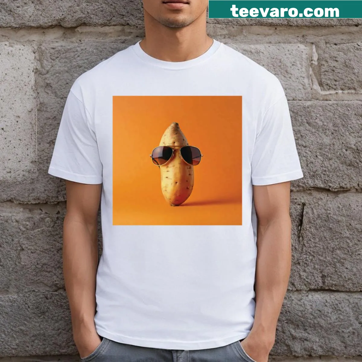 Cartoon sweet potato wearing sunglasses on a T-shirt — on a men's t-shirt