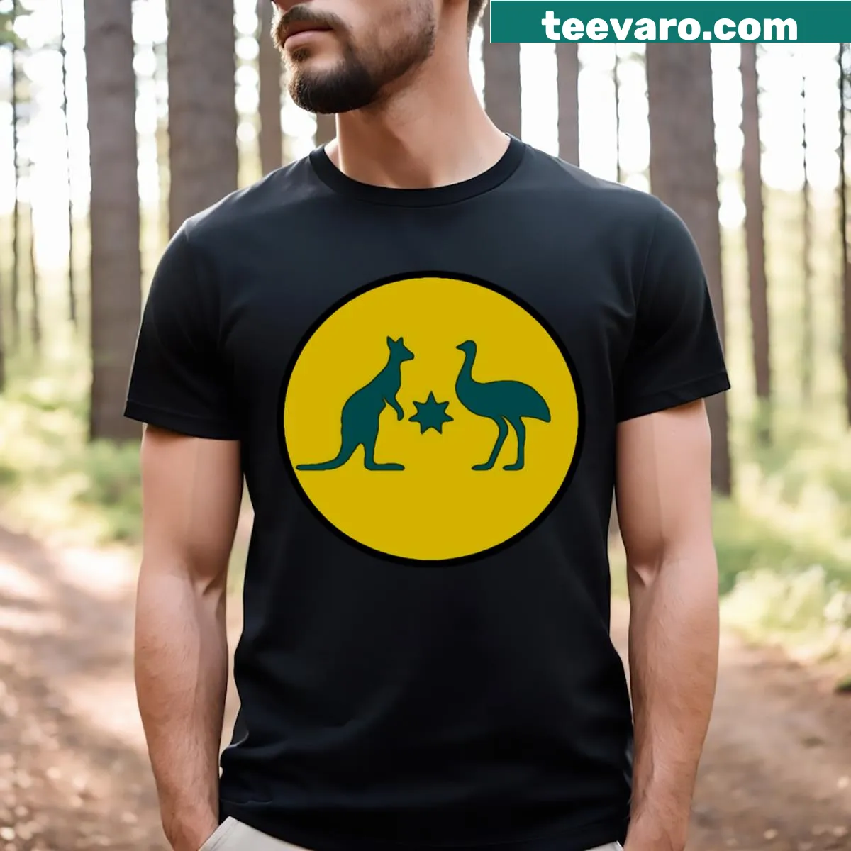 T-shirt featuring the Australian crest and sun flag design. — on a men's t-shirt