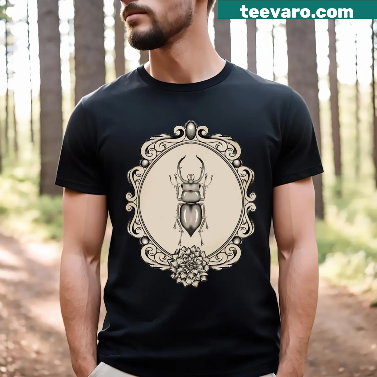Minimalist Baroque Insect T-shirt featuring an intricate line-art illustration. — on a men's t-shirt