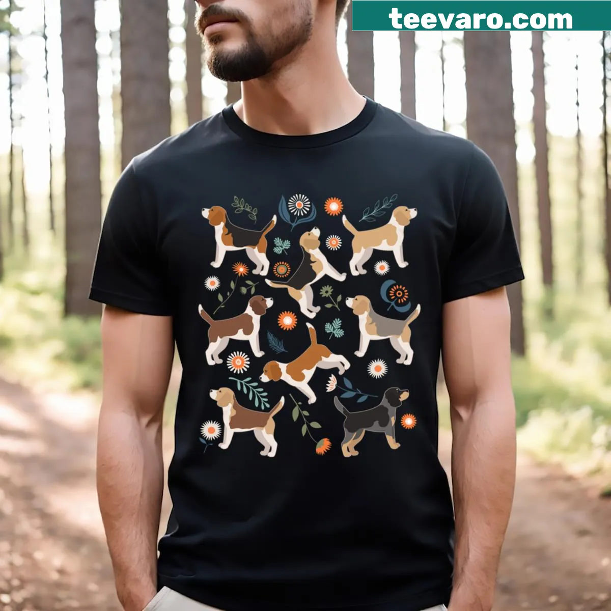Illustration of a beagle dog surrounded by flowers on a t-shirt — on a men's t-shirt